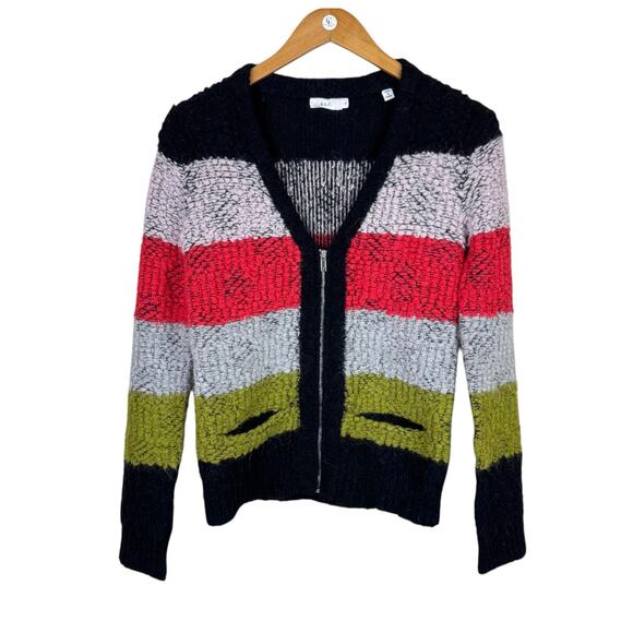 A.L.C. Alpaca Wool Blend Multi Color Stripe Boucle Knit Zipper Cardigan Sweater - Picture 11 of 16